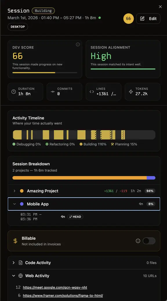 DevClocked Sessions Panel